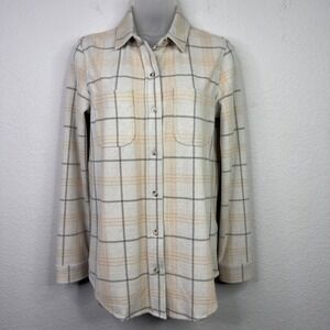 Quince Flannel Shacket Womens S Tan Plaid Button Minimalist Cabin Granola Girl